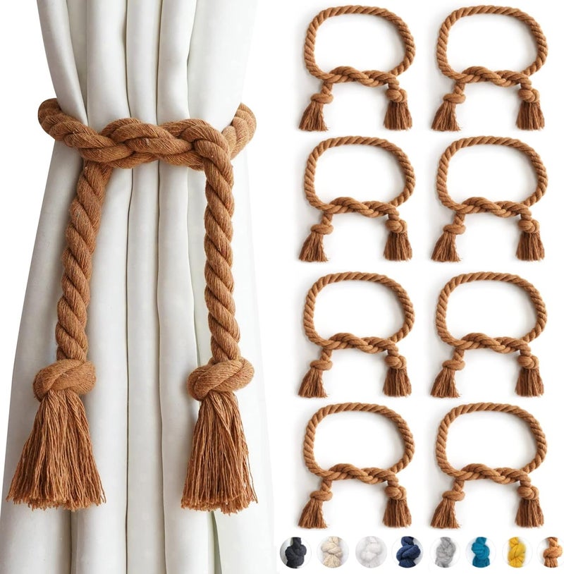 Yteseery 8 Pack Outdoor Curtain Tiebacks Rope, Natural Cotton Curtain Holders, Village Rural Rustic Curtain Holdbacks, Farmhouse Nautical Curtain Rope Tie Back for Drapery Patio, (Coffee) - Image 1